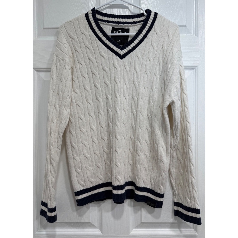 Hollister Mens M Cream Cable Knit V Neck Sweater Navy Stripe Varsity Preppy